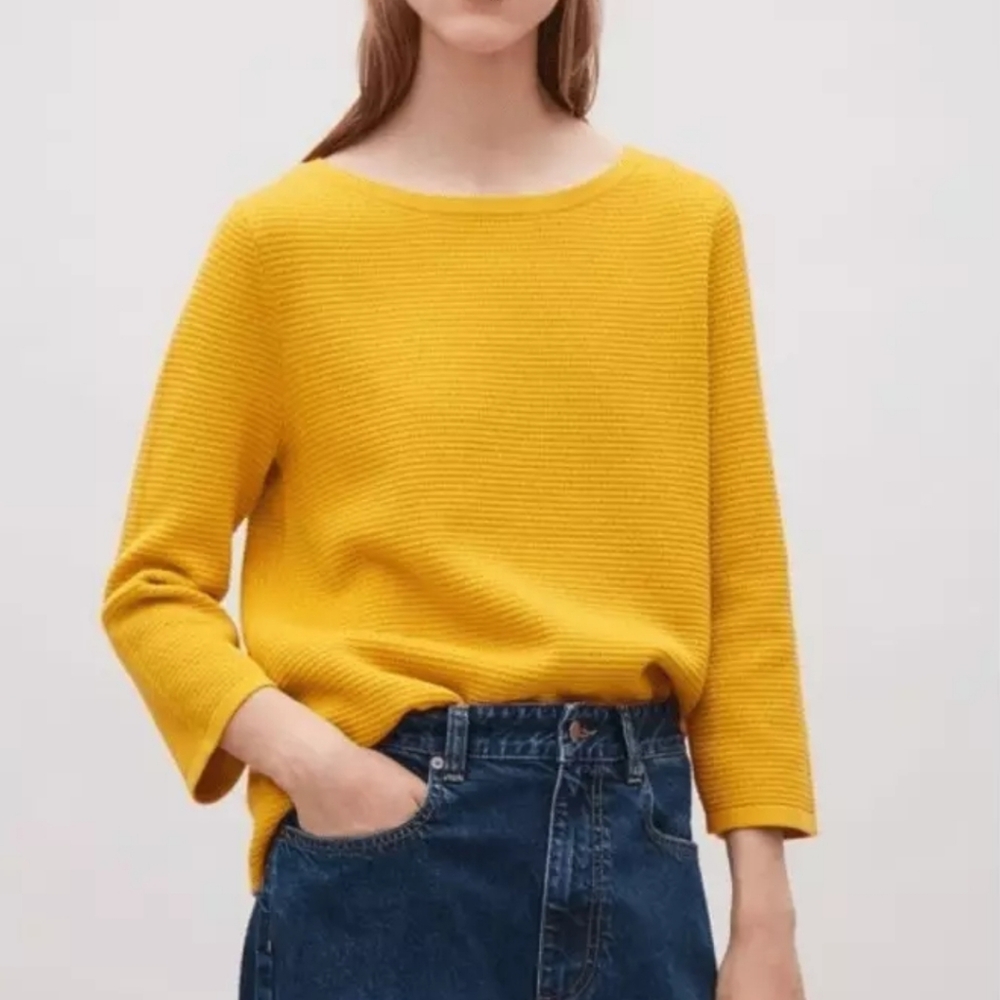 Cos yellow textured 3/4 sleeve cotton sweater